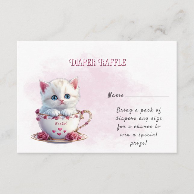 Kitten in Cup Pink Flowers Baby Shower Enclosure Card (Front)