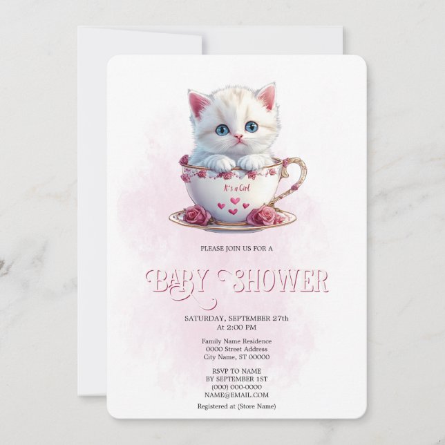 Kitten in Cup Pink Flowers Baby Shower Invitation (Front)