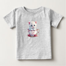 Kitten in Cup Pink Flowers Baby T-Shirt