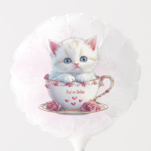Kitten in Cup Pink Flowers Balloon