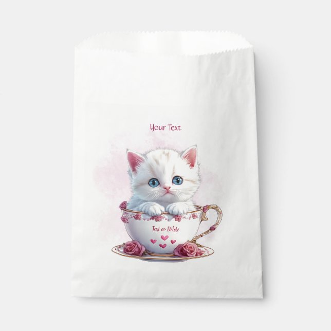 Kitten in Cup Pink Flowers Favor Bags (Front)
