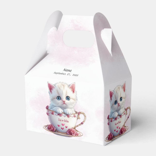 Kitten in Cup Pink Flowers Favor Box (Front Side)