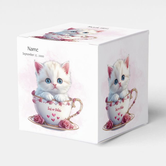 Kitten in Cup Pink Flowers Favor Box (Front Side)