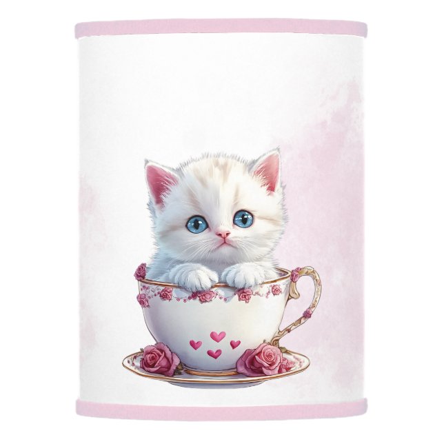 Kitten in Cup Pink Flowers Lamp Shade (Front)
