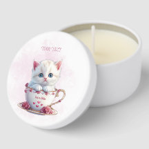 Kitten in Cup Pink Flowers Mini Candle Favors
