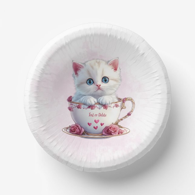 Kitten in Cup Pink Flowers Paper Bowl (Front)