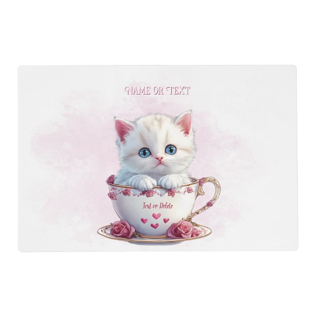 Kitten in Cup Pink Flowers Placemat (Front)