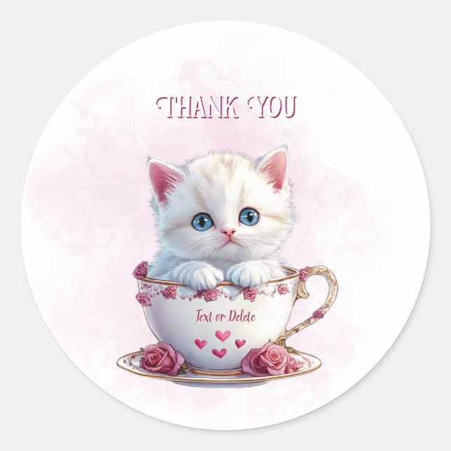 Kitten in Cup Pink Flowers Sticker (Front)