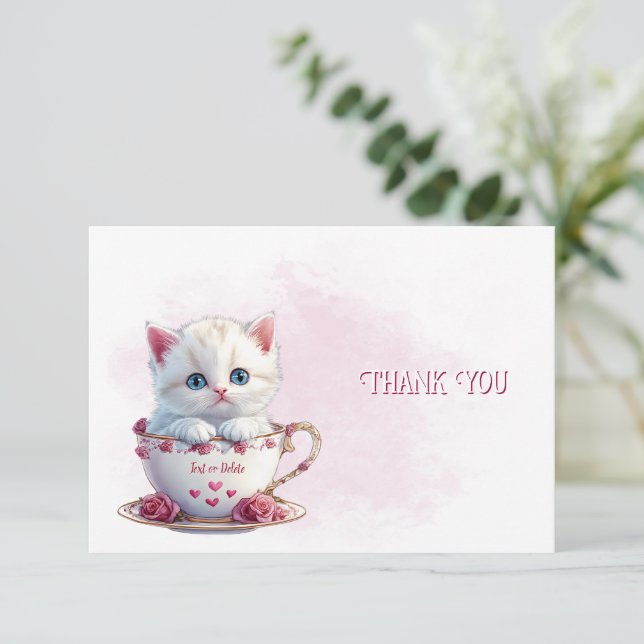 Kitten in Cup Pink Flowers Thank You Card (Standing Front)