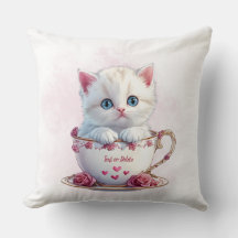 Kitten in Cup Pink Flowers Throw Pillow