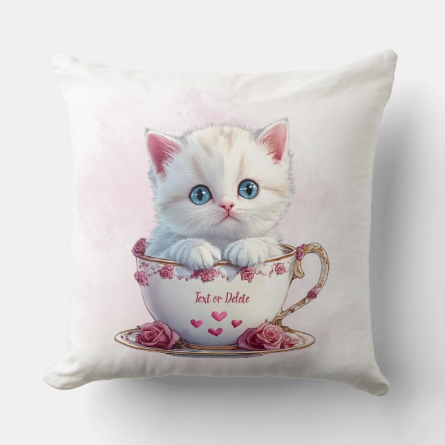 Kitten in Cup Pink Flowers Throw Pillow (Front)