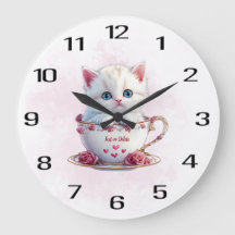 Kitten in Cup Pink Flowers Wall Clock