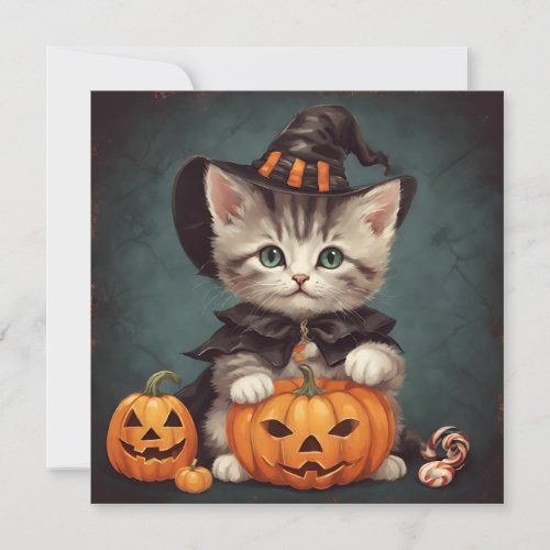 Kitten in Halloween Costume and Jack_O_Lantern Card