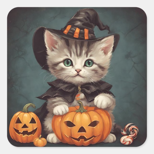 Kitten in Halloween Costume and Jack-O'-Lantern Square Sticker (Front)
