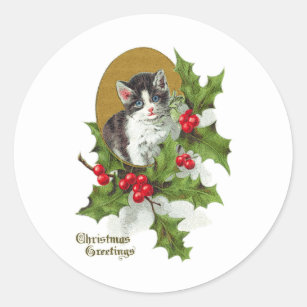 Kitten in Holly Vintage Christmas (H.SandyRelief) Classic Round Sticker