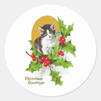 Kitten In Holly Vintage Christmas Stickers by stampgallery at Zazzle