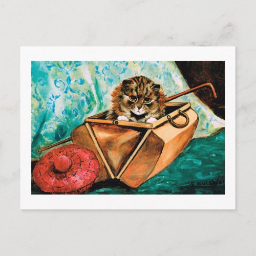 Kitten in Leather Bag Louis Wain Postcard