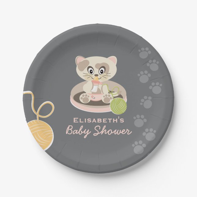 Kitten in Pink Diapers Baby Shower Paper Plates (Front)