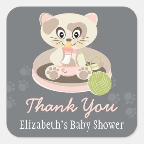 Kitten in Pink Diapers Cat Baby Shower Thank You Square Sticker