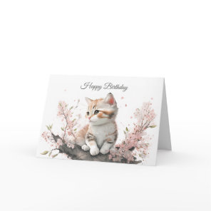Kitten in Pink Flowers Birthday Card