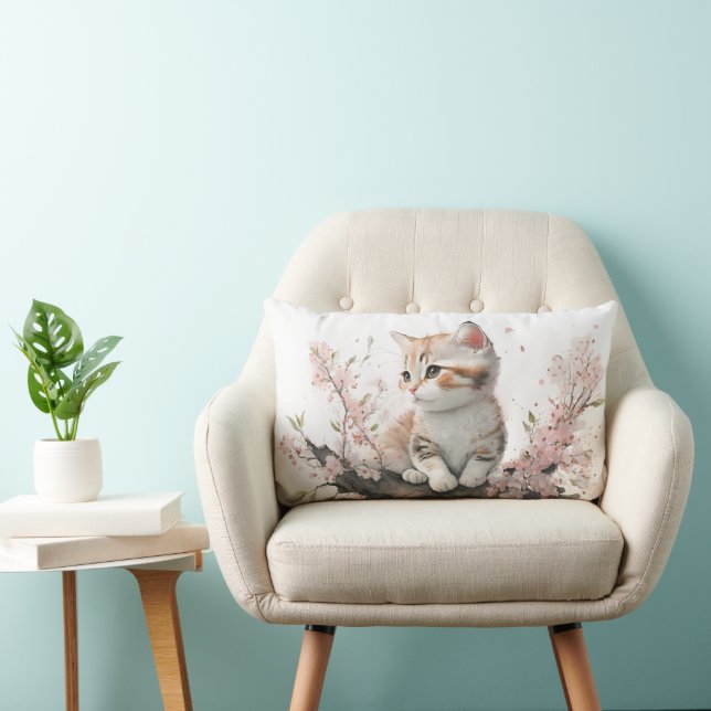 Kitten in Pink Flowers Lumbar Pillow (Chair)