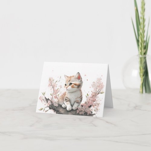 Kitten In Pink Flowers Watercolor Note Card