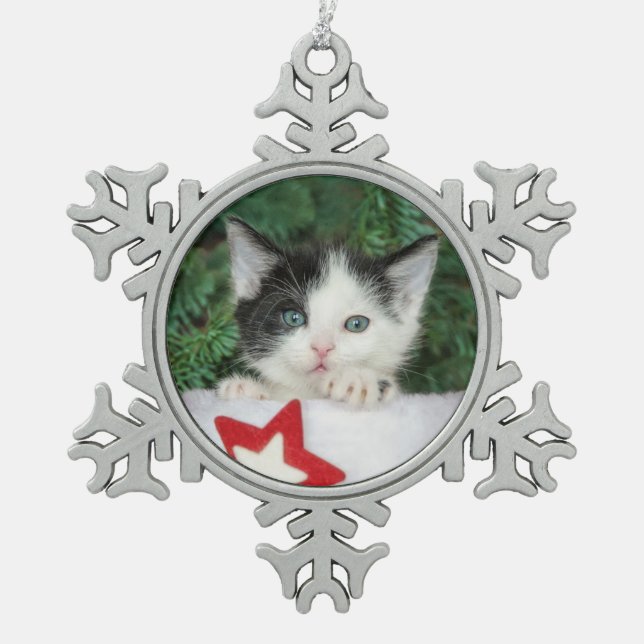 Kitten in red Santa Claus Boot Stocking  Snowflake Pewter Christmas Ornament (Front)