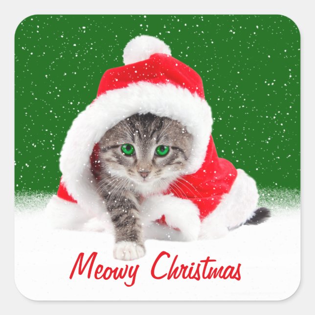 Kitten In Santa Hat and Snowflakes  Square Sticker (Front)