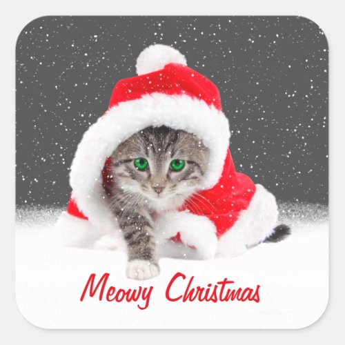 Kitten In Santa Hat and Snowflakes  Square Sticker