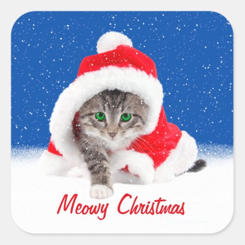 Kitten In Santa Hat and Snowflakes Square Sticker