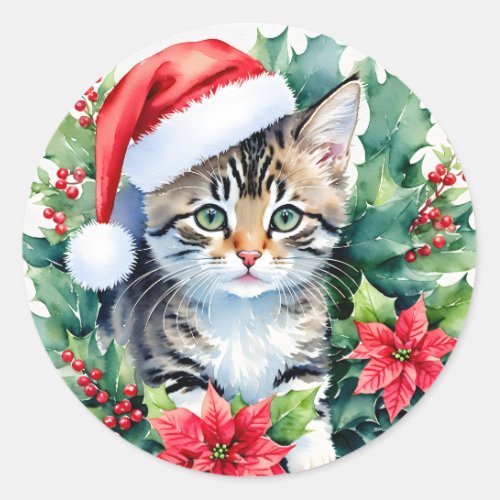 Kitten In Santa Hat Christmas Art Classic Round Sticker