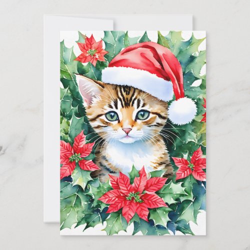 Kitten In Santa Hat Christmas Art Holiday Card