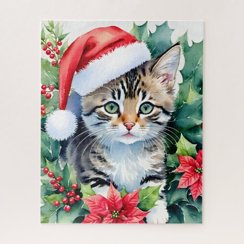 Kitten In Santa Hat Christmas Art Jigsaw Puzzle