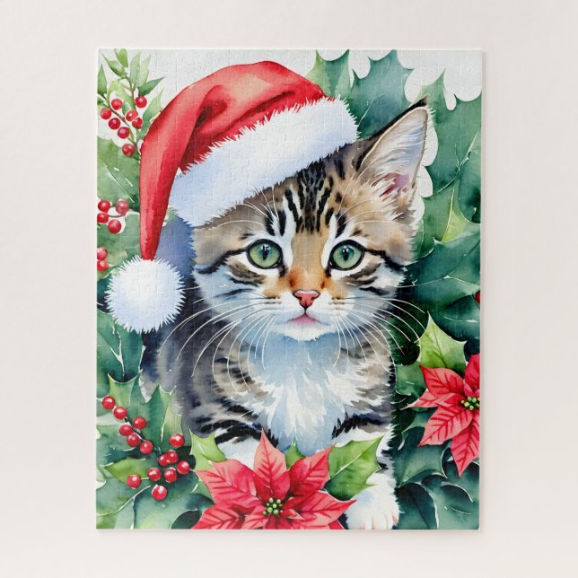 Kitten In Santa Hat Christmas Art Jigsaw Puzzle (Vertical)