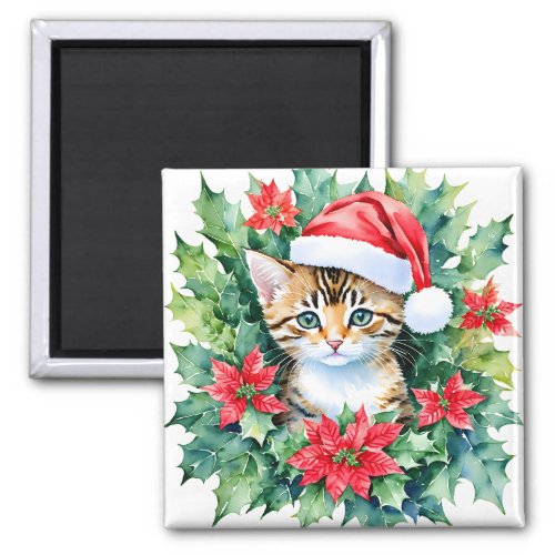 Kitten In Santa Hat Christmas Art Magnet