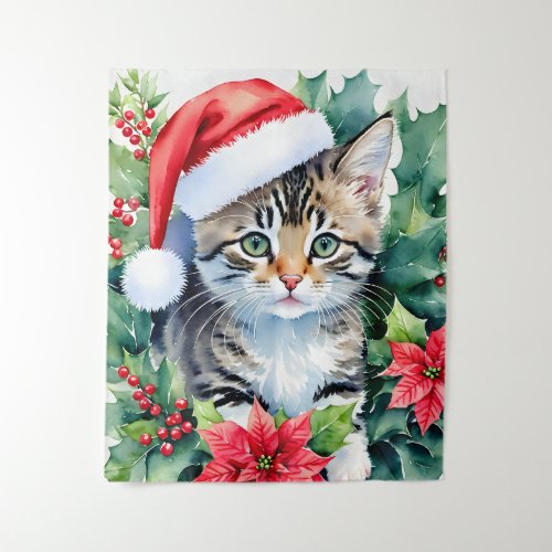 Kitten In Santa Hat Christmas Art Tapestry