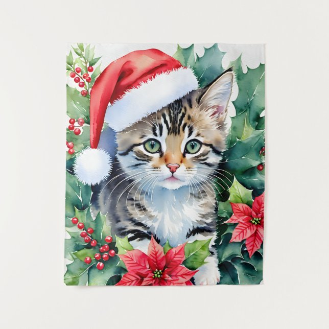 Kitten In Santa Hat Christmas Art Tapestry (Front)