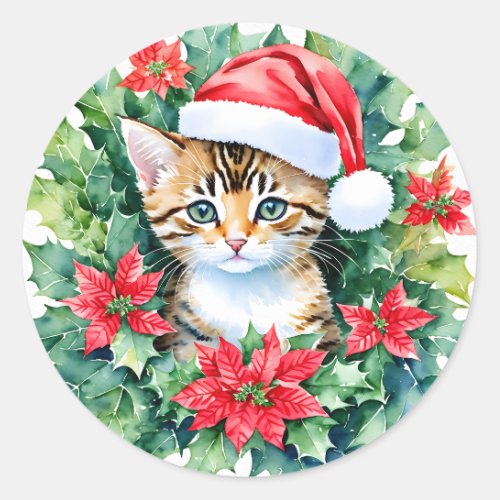 Kitten In Santa Hat Christmas Watercolor Art Classic Round Sticker