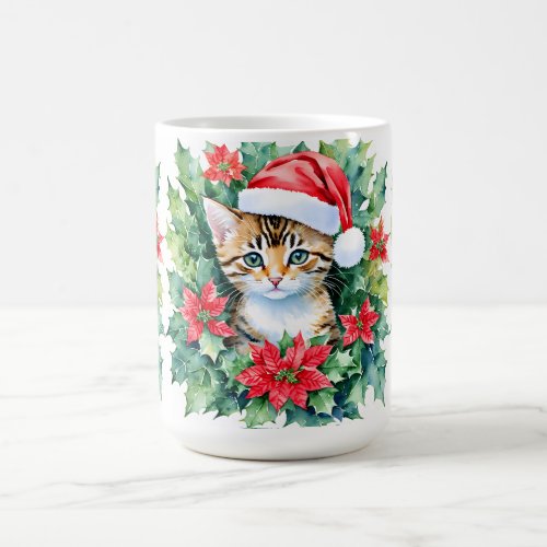 Kitten In Santa Hat Christmas Watercolor Art Coffee Mug