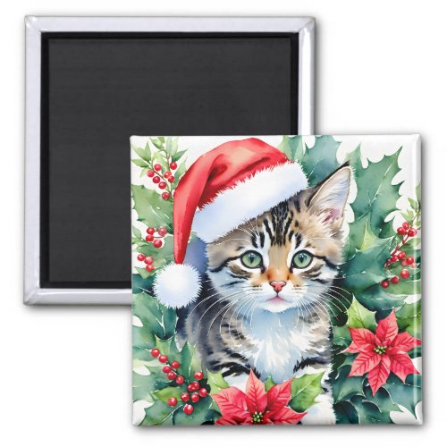 Kitten In Santa Hat Christmas Watercolor Art Magnet