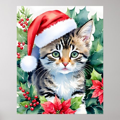 Kitten In Santa Hat Christmas Watercolor Art Poster