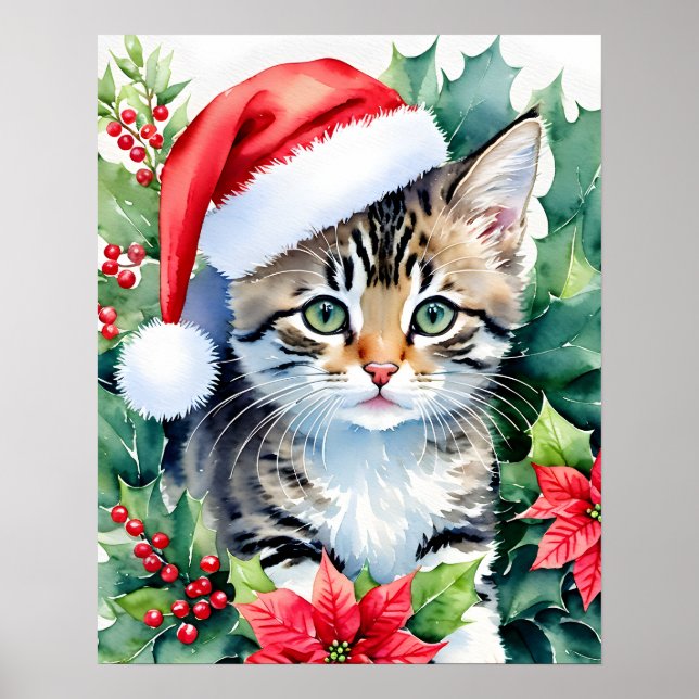 Kitten In Santa Hat Christmas Watercolor Art Poster (Front)