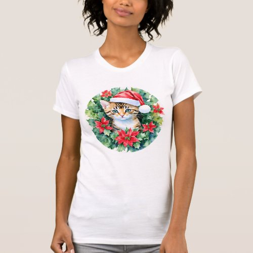 Kitten In Santa Hat Christmas Watercolor Art T_Shirt