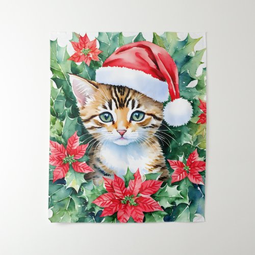 Kitten In Santa Hat Christmas Watercolor Art Tapestry
