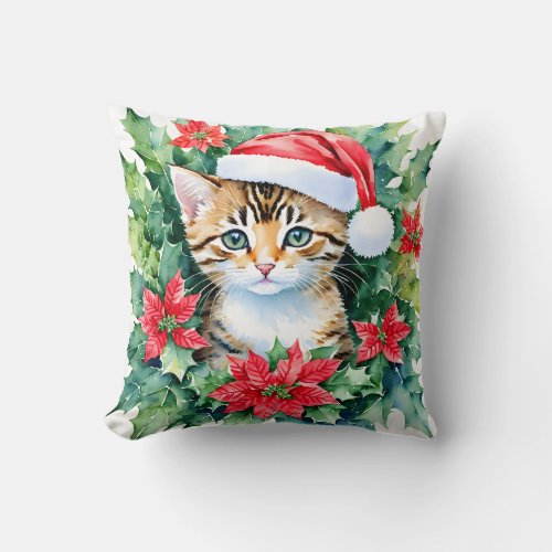 Kitten In Santa Hat Christmas Watercolor Art Throw Pillow