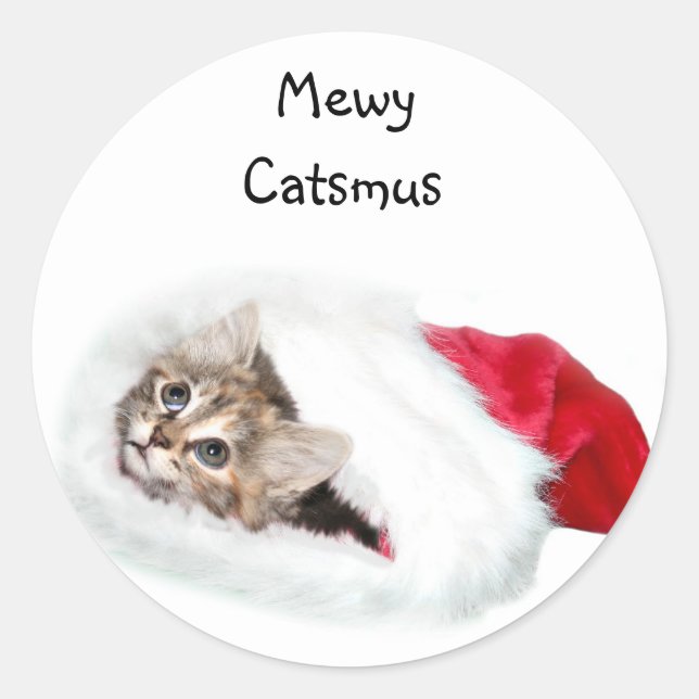 Kitten in Santa Hat Classic Round Sticker (Front)