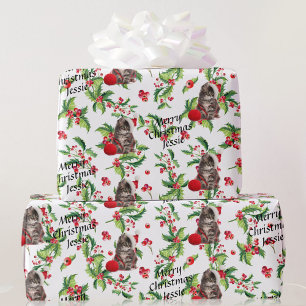 Kitten in Santa Hat Personalize Name Christmas Wrapping Paper