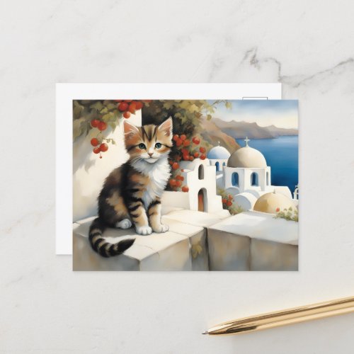 Kitten in Santorini Postcard