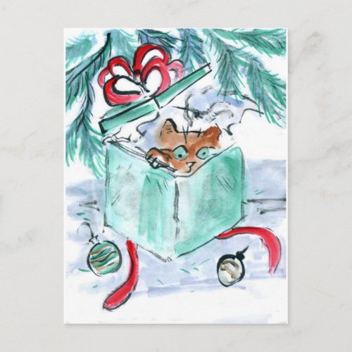 Kitten in Shredded Christmas Present Box Holiday Postcard