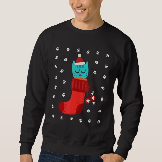 Kitten In Sock Humor Ugly Christmas Cat Paws Snow Sweatshirt (Front)